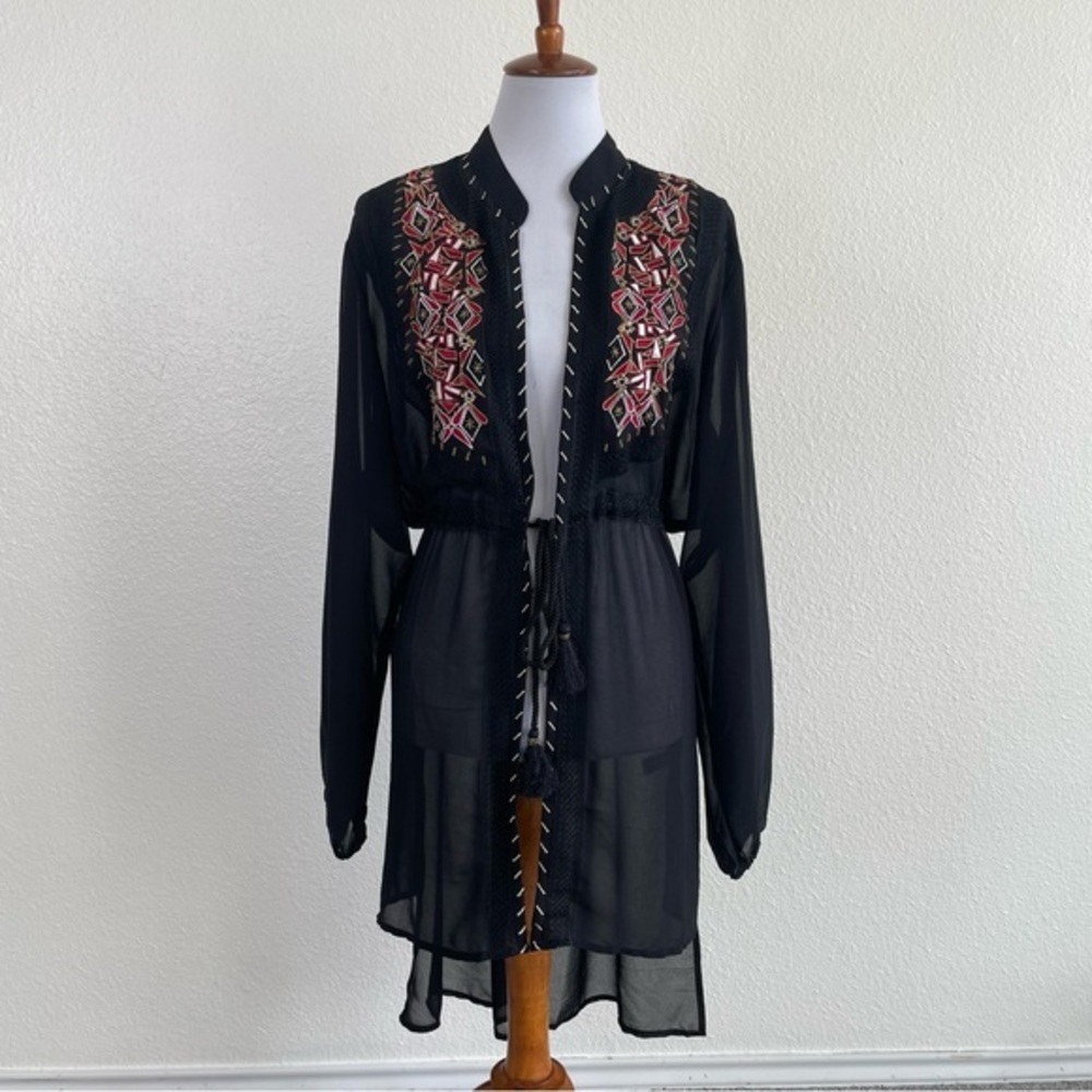 Cato Chiffon Embroidered Cardigan Women's XL Sheer Balloon Sleeve Tie Front